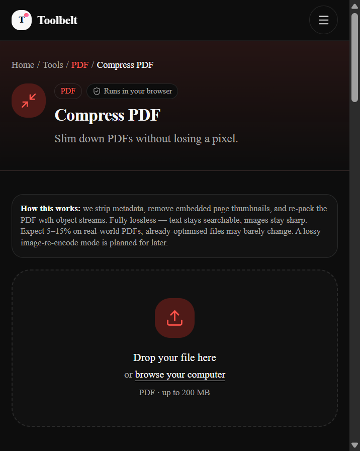 Toolbelt Compress PDF tool, empty state — a dashed drop zone labelled 'Drop your file here' with a PDF, up to 200 MB hint.