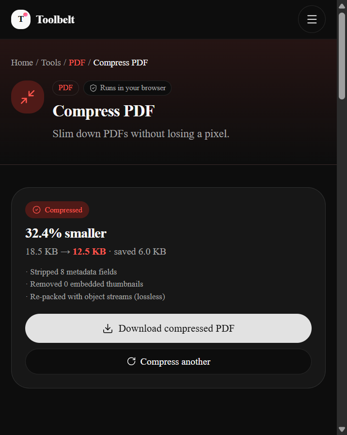 Compression result panel showing '32.4% smaller', 18.5 KB to 12.5 KB, saved 6.0 KB, with a breakdown: stripped 8 metadata fields, removed 0 embedded thumbnails, re-packed with object streams (lossless).