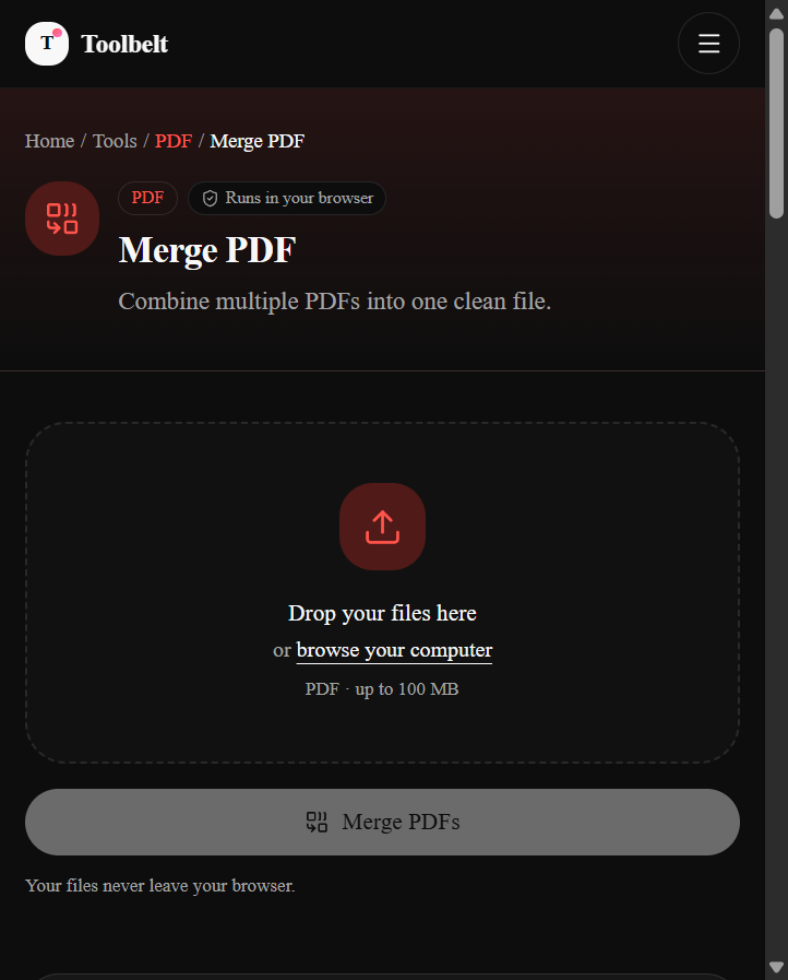 Toolbelt Merge PDF tool, empty state — dashed dropzone reading 'Drop your files here · PDF · up to 100 MB'.