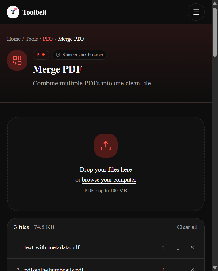 Three PDFs queued for merging — text-with-metadata.pdf, pdf-with-thumbnails.pdf, already-compressed.pdf — with up/down arrows and remove buttons.
