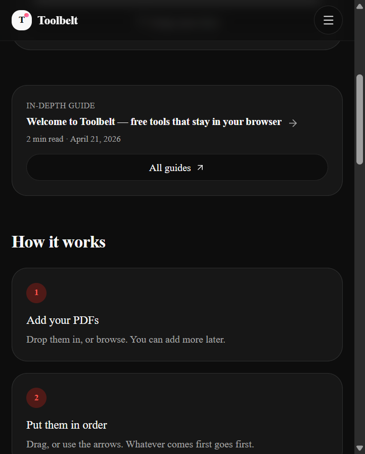 Result panel showing 'Merged · 3 PDFs → one file', merged.pdf, 45 pages, 66.1 KB, with Download merged PDF button.