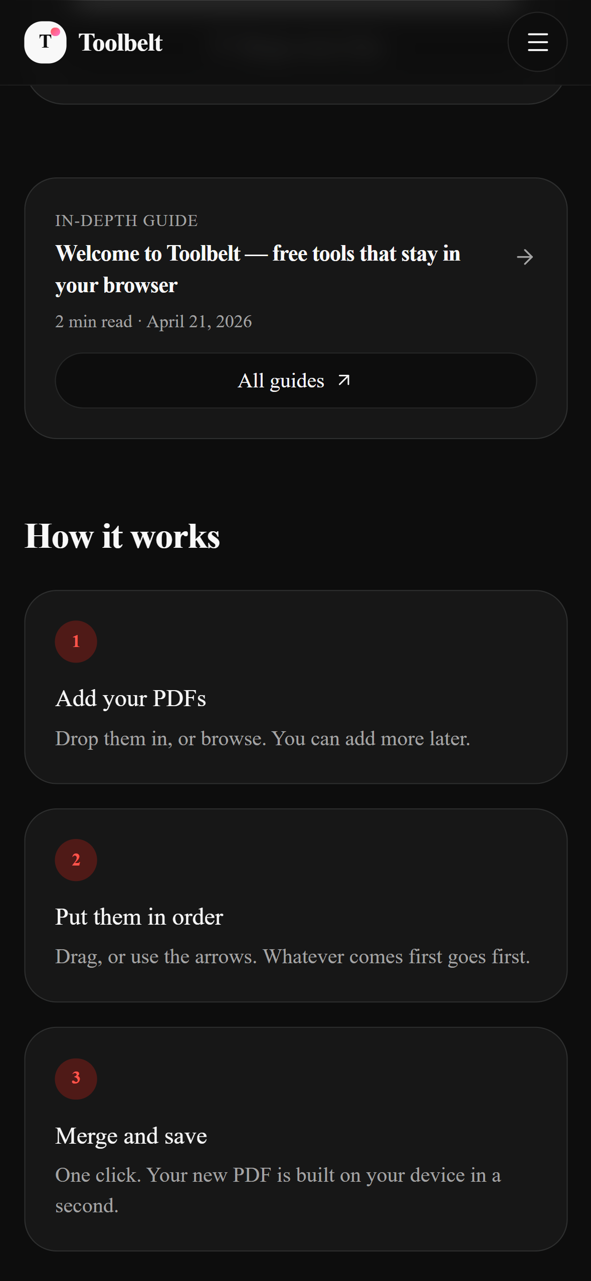 Merge PDF result on a 393 × 852 mobile viewport — Merged · 3 PDFs → one file, merged.pdf · 45 pages · 66.1 KB, full-width Download button.