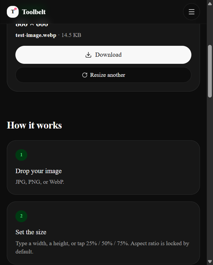 Result panel showing a resized preview, '800 × 600' dimensions label, 'test-image.webp · 14.5 KB' metadata, and Download / Resize another buttons.