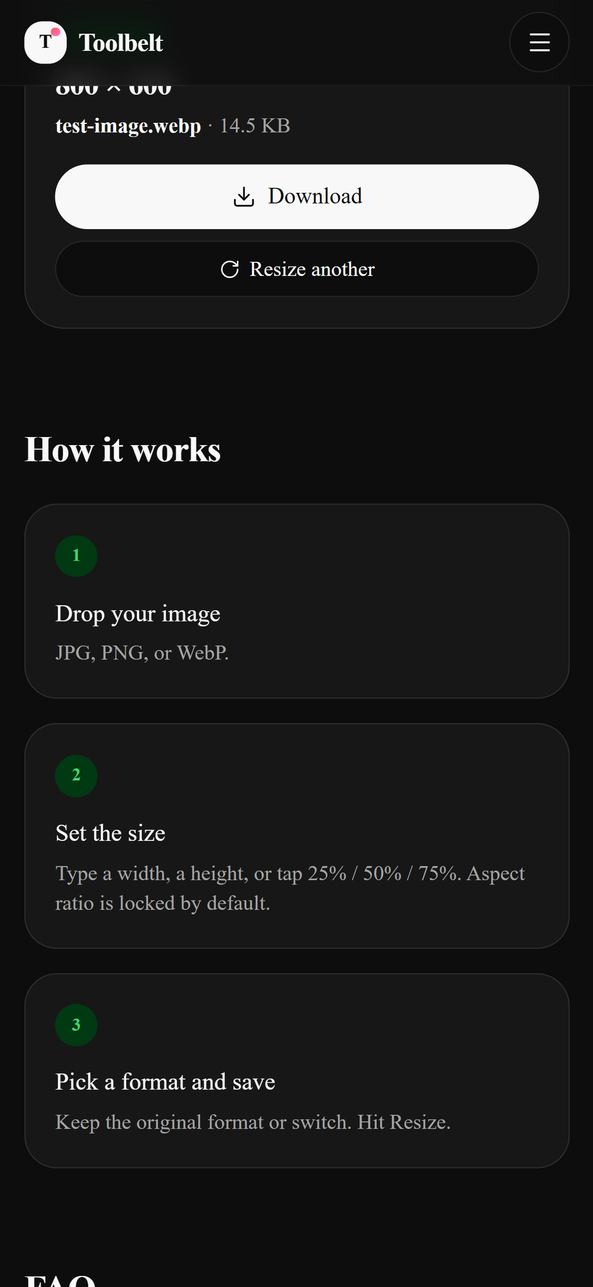 Resize Image tool mobile view — result panel showing a resized photo preview, 800 × 600, test-image.webp, 14.5 KB, full-width Download button.